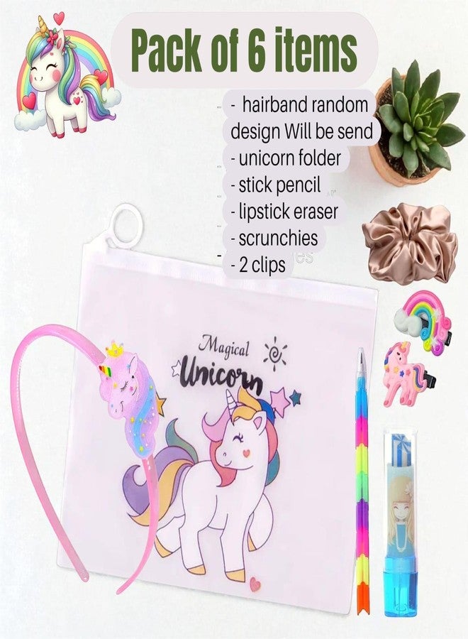 AMYCAUR Stationery Gift Combo, Navratri Special Combo Of Kanjak, Birthday Party Favors For Kids of All Age Group, Unicorn Combo With Folder, Hairband, Pencil, Eraser, Clips, Scrunchies - Image 2